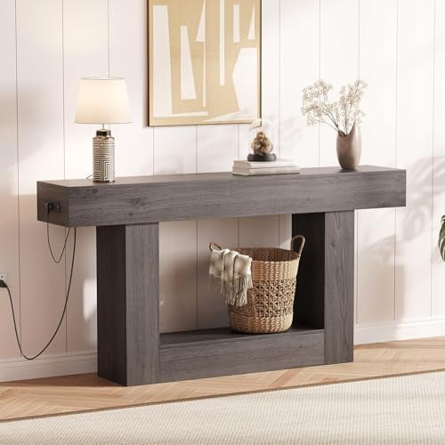 63" Entryway Table, 2 Tier Narrow Long Console Table with Storage & Charging Station, Sofa Table Farmhouse Wood Behind Couch Table for Entrance, Foyer, Hallway, Living Room, Couch, Grey