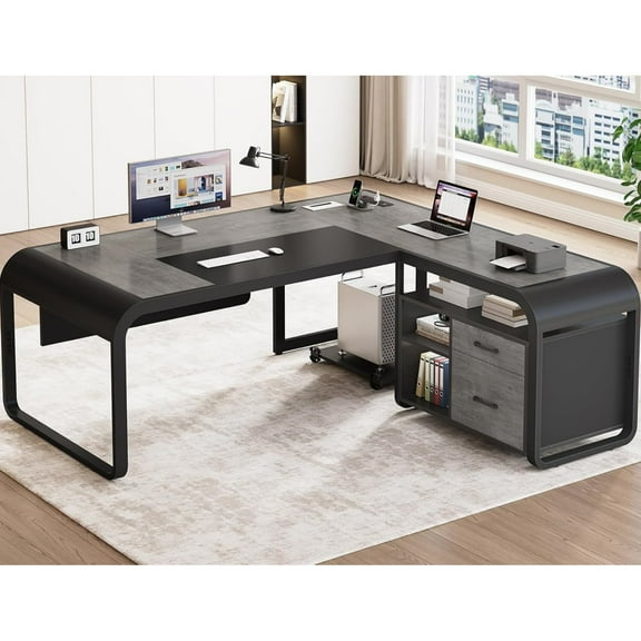 63" Executive Desk with Storage, L Shaped Desk with Power Outlets and CPU Stand, Home Office Desk with Drawers and Shelves, Modern Computer Desk, Grey