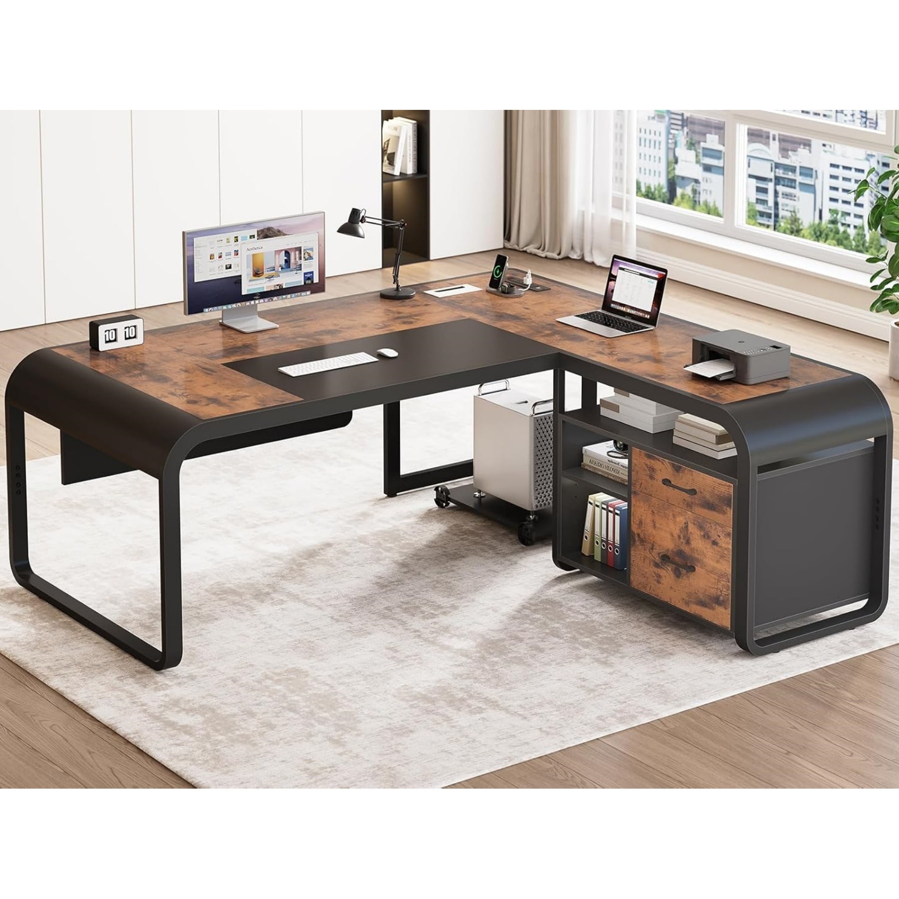 63" Executive Desk with Storage, L Shaped Desk with Power Outlets and CPU Stand, Home Office Desk with Drawers and Shelves, Modern Computer Desk, Rustic Brown