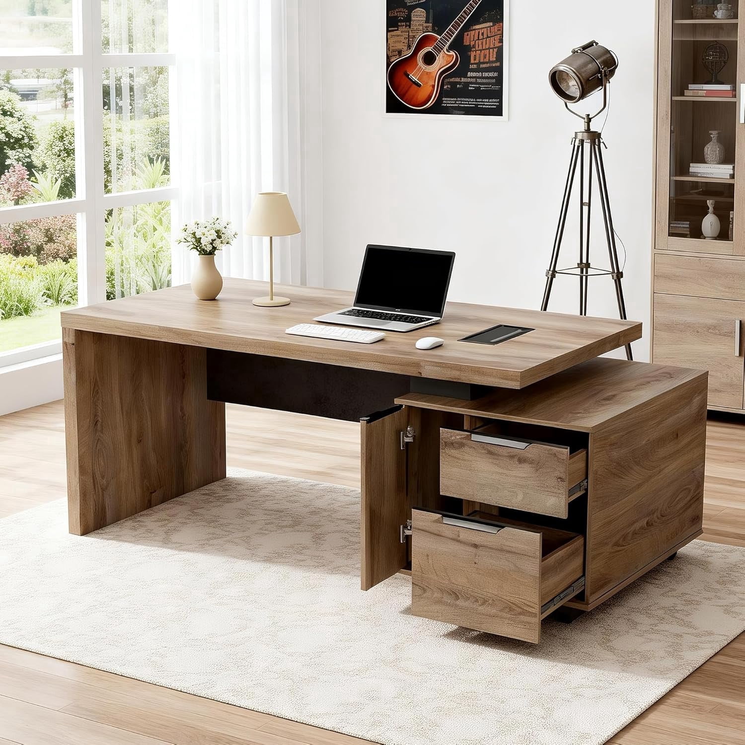 63" Executive Desk with Cabinet File Drawer Cable Management(Mahogany, Right)