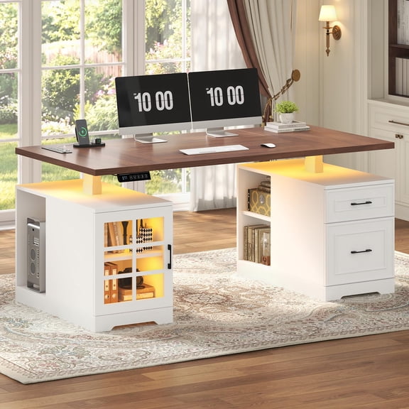 63" Executive Standing Desk with Power Outlet & LED Light, Electric Standing Desk with Glass Cabinet, Drawers and Shelves, Stand up Computer Desks for Home Office, White