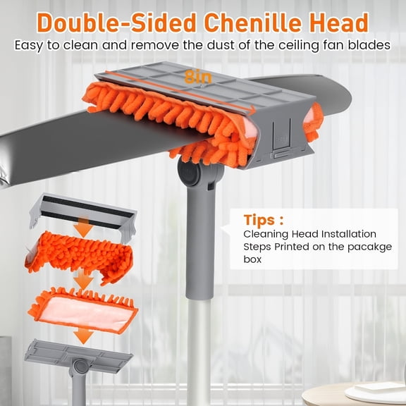 63 Extendable Ceiling Fan Cleaner Duster with Microfiber and Chenille Head, Long Handle Dusting Tool for Ceiling Fans, Baseboards, Walls and Floors