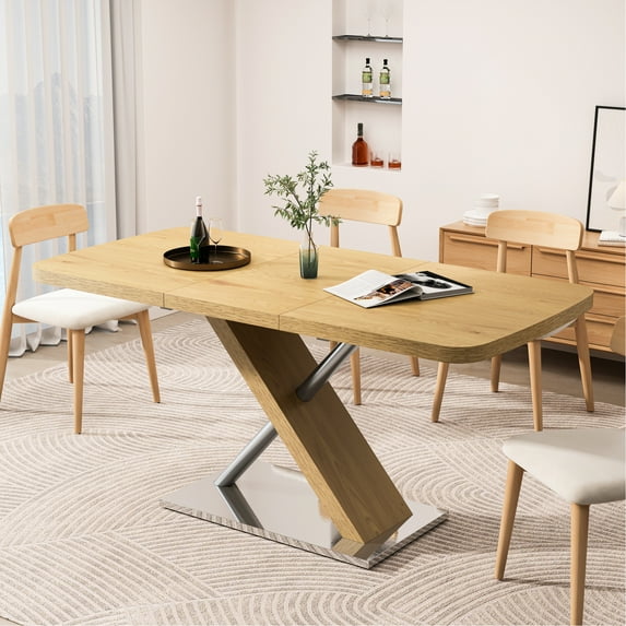 63" Extendable Dining Table, Naturalistic Tone, Seats 4-6, Robust And Steel Build Square Table For 6, 47.25"-63" Expandable, Look,
