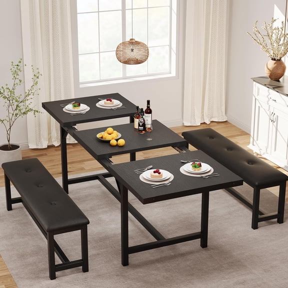 63 in Extendable Dining Table Set, 3 Piece Kitchen Table with 2 Upholstered Benches, Space-Saving Tuck-Under Benches, MDF Top and Metal Frame, For Apartment, Dining Room,Black