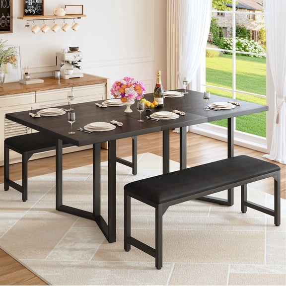Tomnk 63" Extendable Dining Table with Bench, Kitchen Table Set for 4-6, Expandable Dinner Table and Bench Set with Metal Frame & Wood Top, Black