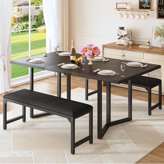 63" Extendable Dining Table Set for 4-6, 3-Piece Kitchen Table with 2 Upholstered Benches, Space-Saving Expandable Dining Room Table and Bench Set with Metal Frame & Wood Grain Top, Black