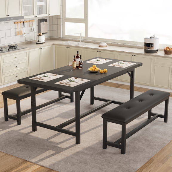 63" Extendable Dining Table Set for 4-6 People, 3-Piece Kitchen Table Set with 2 Upholstered Benches, Farmhouse Dining Room Table Set for Kitchen, Living Room, Apartment, Black