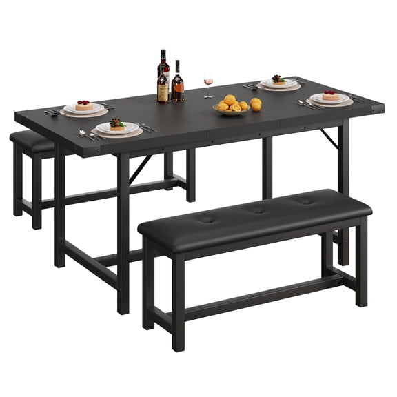 63" Extendable Dining Table Set for 4-6 - 2 Upholstered Benches & Metal Frame, Space-Saving for Apartments