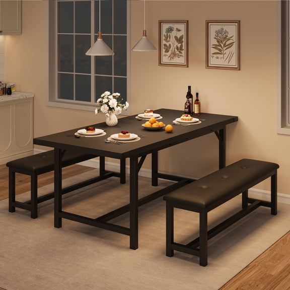 63" Extendable Farmhouse Dining Table Set with 2 Upholstered Benches, 3-Piece Kitchen Table for 4-6 People, Rustic Black Finish for Living Room, Apartment, Dining Room