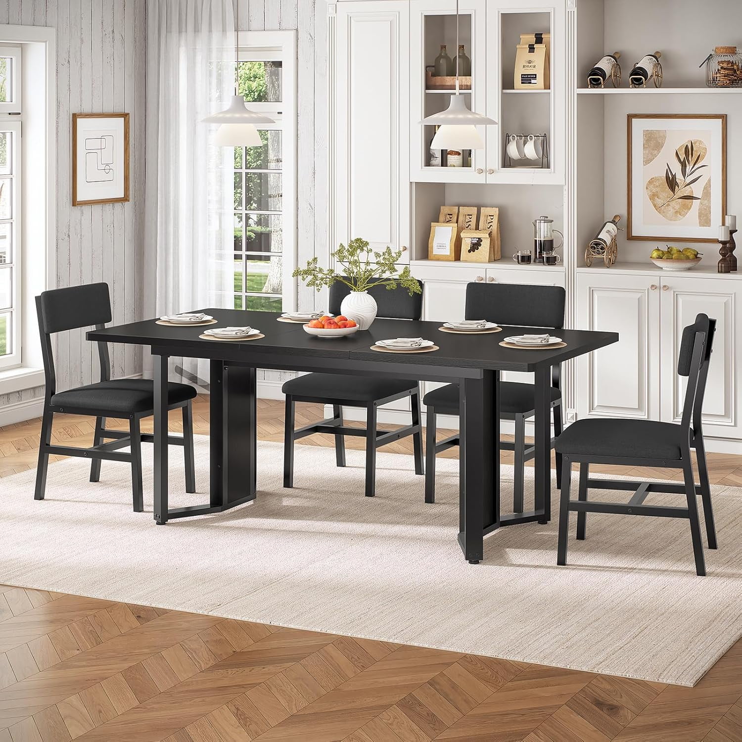 63" Extendable Kitchen Table Set for 4-8 People, 5-Piece Large Dining Table Set With 4 Chairs, Mid-Century Modern Dining Room Table, Space Saving, Black