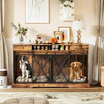63'' Extra Large Double Dog Crate with Removable Divider, Heavy Duty Dog Kennel Furniture with 2 Drawers, Indoor Decorative Pet Cage TV Stand for 2 Pets, Brown