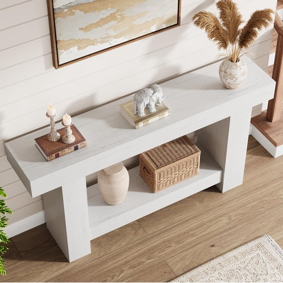 63" Extra-Long Farmhouse Console Table, 2-Tier Behind-Couch / Entryway Table with Storage Shelf for Living Room and Hallway, White