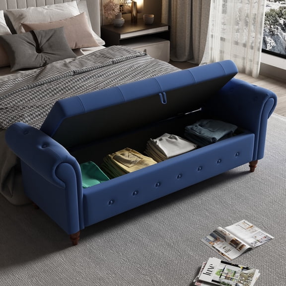 63" Fabric Ottoman with Storage,Upholstered Button Tufted End of Bed Bench with Rolled Arm and Solid Wood Legs,Weight Capacity 500 lbs,Storage Ottoman Bench for Living Room,Bedroom,Navy Blue