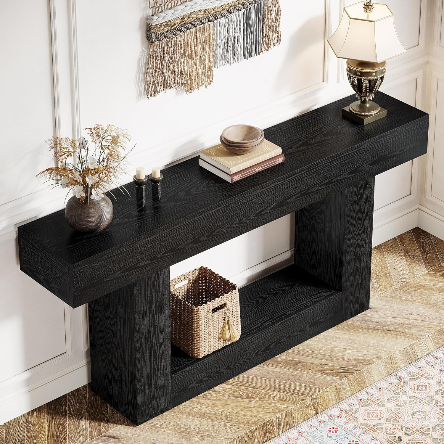 63" Farmhouse 2-Tier Console Table, U-Shaped Base Entryway Table, Narrow Wood Sofa Table Behind Couch for Living Room & Hallway (Black)