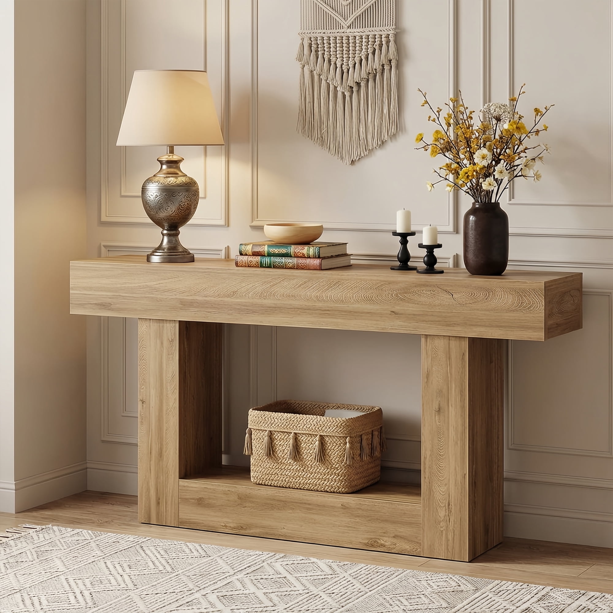 63" Farmhouse 2-Tier Console Table, U-Shaped Base Entryway Table, Narrow Wood Sofa Table Behind Couch for Living Room & Hallway (Light Brown)