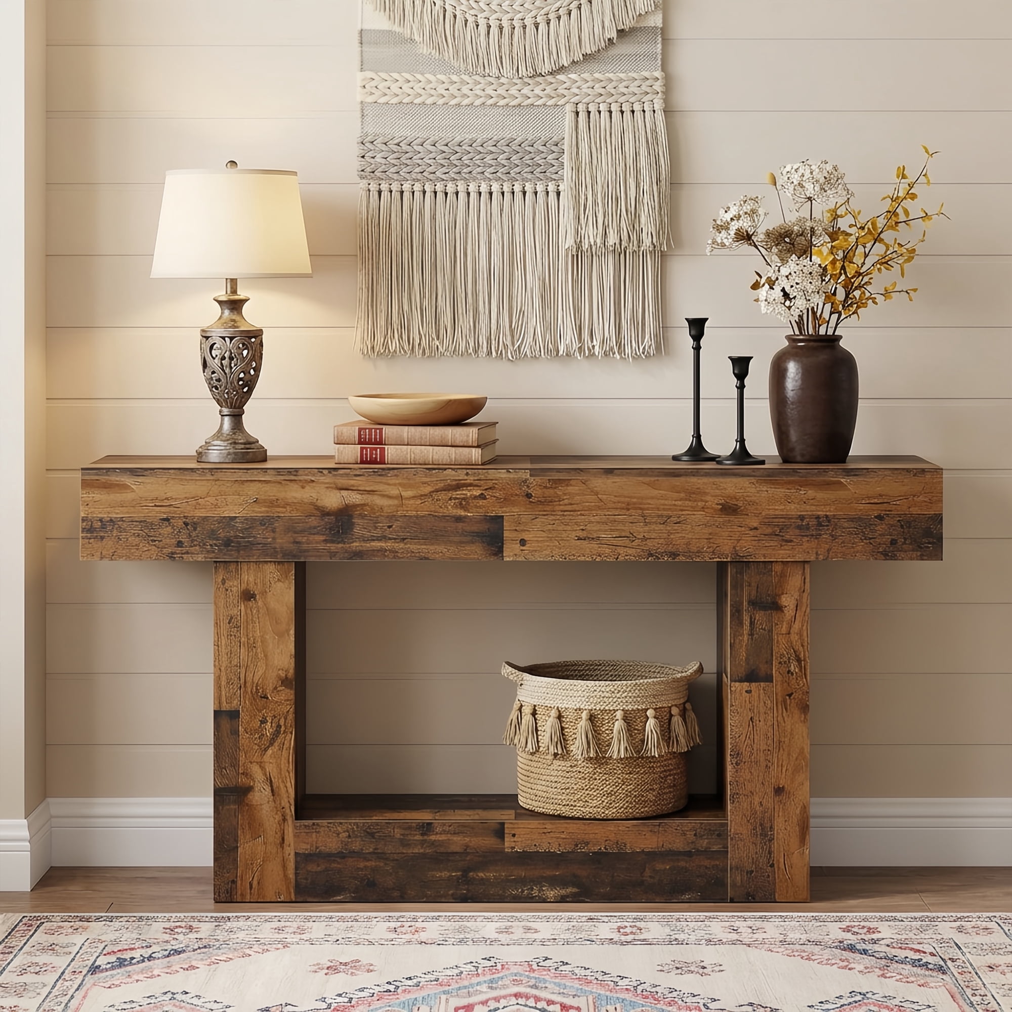 63" Farmhouse 2-Tier Console Table, U-Shaped Base Entryway Table, Narrow Wood Sofa Table Behind Couch for Living Room & Hallway (Mix Brown)