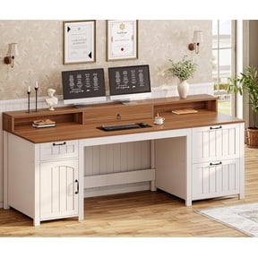63" Farmhouse Computer Desk for Home Office, Large Executive Desk with Monitor Stand, 4 Drawers, File Cabinet for A4/Legal & Storage Cupboard, Sturdy Wood Writing Table for Work & Study, White/Brown