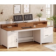 63" Farmhouse Computer Desk for Home Office, Large Executive Desk with Monitor Stand, 4 Drawers, File Cabinet for A4/Legal & Storage Cupboard, Sturdy Wood Writing Table for Work & Study, White/Brown