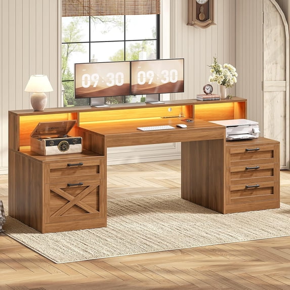 63" Farmhouse Computer Desk with 5 Drawers and Monitor Stand, Wood Executive Desk with LED Lights