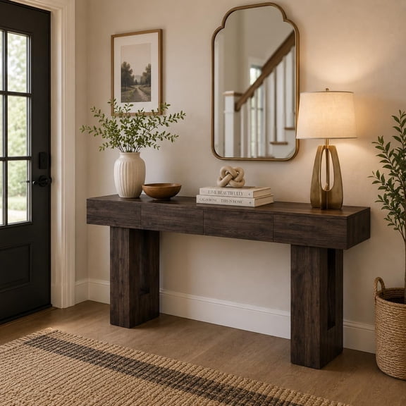 63" Farmhouse Console Table with 2 Drawers, Narrow Sofa Table for Entryway, Hallway and Living Room, Rustic Wood Accent Table for Behind Couch and Foyer Storage,Wild oak