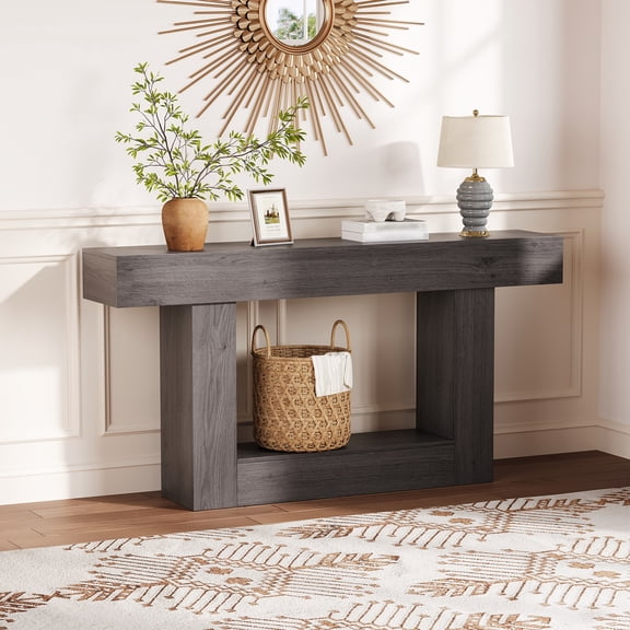 63" Farmhouse Console Table with Charging Station & Storage - 2-Tier Narrow Entryway Sofa Table, AC Outlets, USB & Type-C Ports - Long Behind Couch Table for Living Room, Hallway, Foyer - Grey