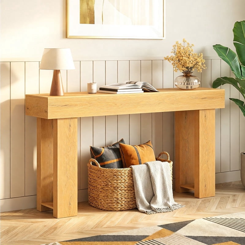 63” Farmhouse Console Table, Narrow Long Sofa Table for Behind Couch, Rustic Wood Entryway Table for Hallway, Living Room & Entrance, Natural
