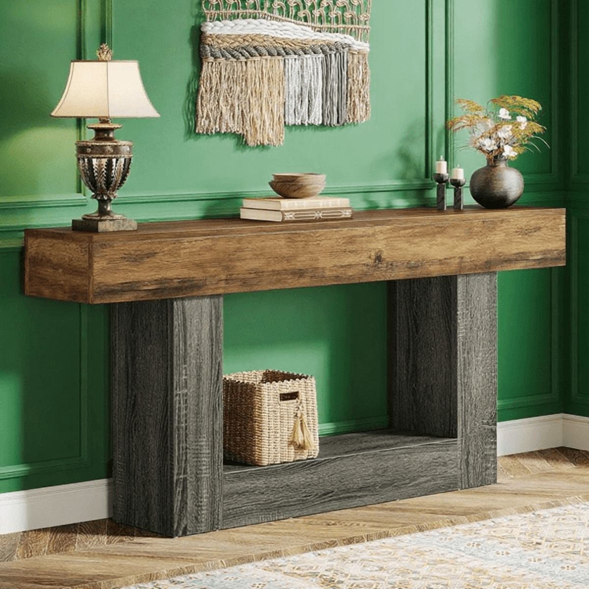 63" Farmhouse Console Table - Rustic Brown Grain Top & Vintage Gray U-Shaped Base, E1 MDF with Lower Shelf, Versatile for Entryway, Living Room, Behind Couch, TV Stand