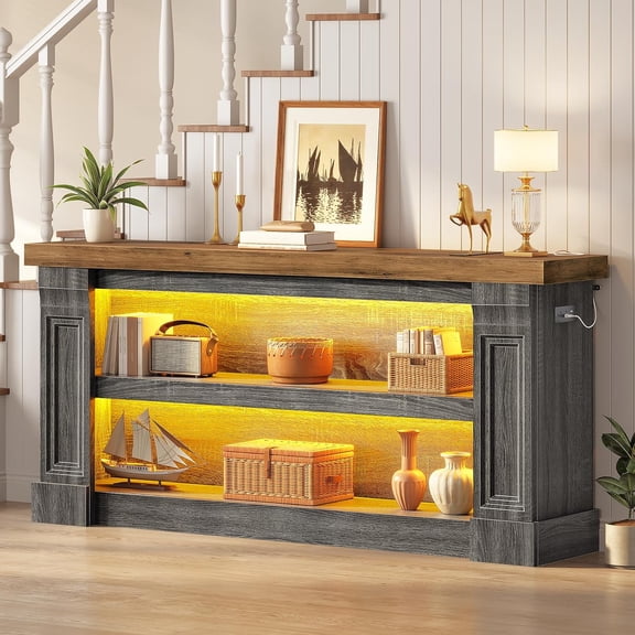 63" Farmhouse Console Table with Smart LED Lights & Power Station, 3-Tier Narrow Sofa Table with Outlets, USB-C for Entryway, Hallway, Living Room, Grey