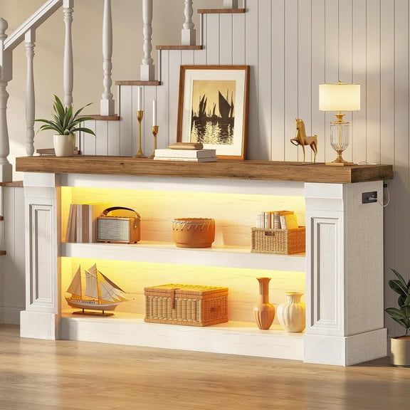 63" Farmhouse Console Table with Smart LED Lights & Power Station, 3-Tier Narrow Sofa Table with Outlets, USB-C for Entryway, Hallway, Living Room, White