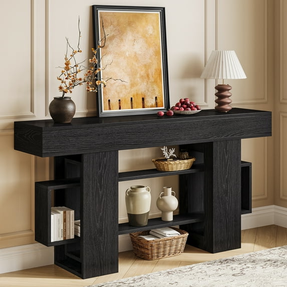 63" Farmhouse Console Table with Storage,3-Tier Wooden Sofa Table Behind Couch,Circular Frame Entryway Table for Entrances,Living Rooms, Hallways,Foyers,Black