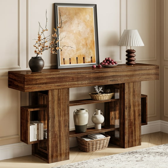 63" Farmhouse Console Table with Storage,3-Tier Wooden Sofa Table Behind Couch,Circular Frame Entryway Table for Entrances,Living Rooms,Hallways,Foyers,Vintage Brown
