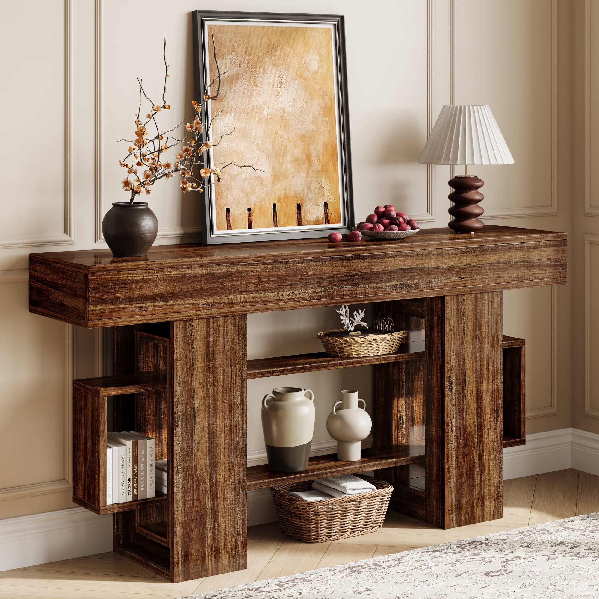 Einhomn 63" Farmhouse Wood Console Table, Modern Entryway Table with Open Storage for Behind Couch, Living Room
