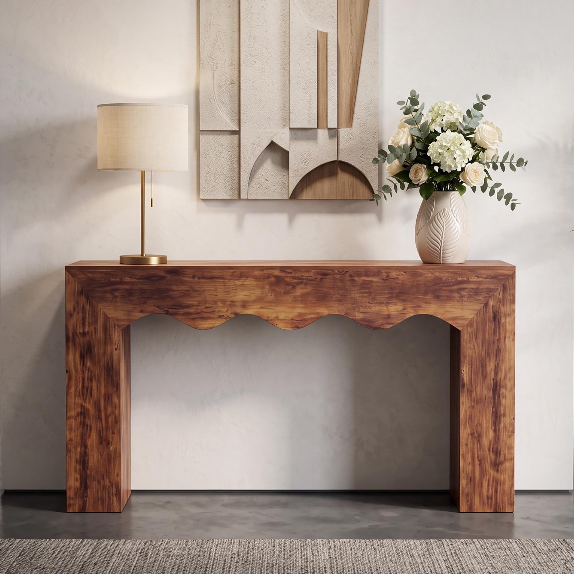 63" Farmhouse Console Table, Wooden Texture Entryway Table with Wave Design, Sturdy Sofa Table Behind Couch, 300LB Capacity Hallway Table for Living Room, Brown