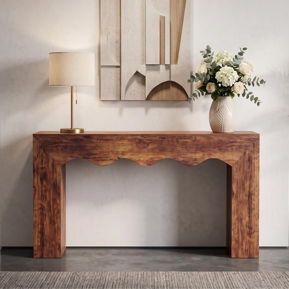 63" Farmhouse Console Table, Wooden Texture Entryway Table with Wave Design, Sturdy Sofa Table Behind Couch, 300LB Capacity Hallway Table for Living Room, Brown
