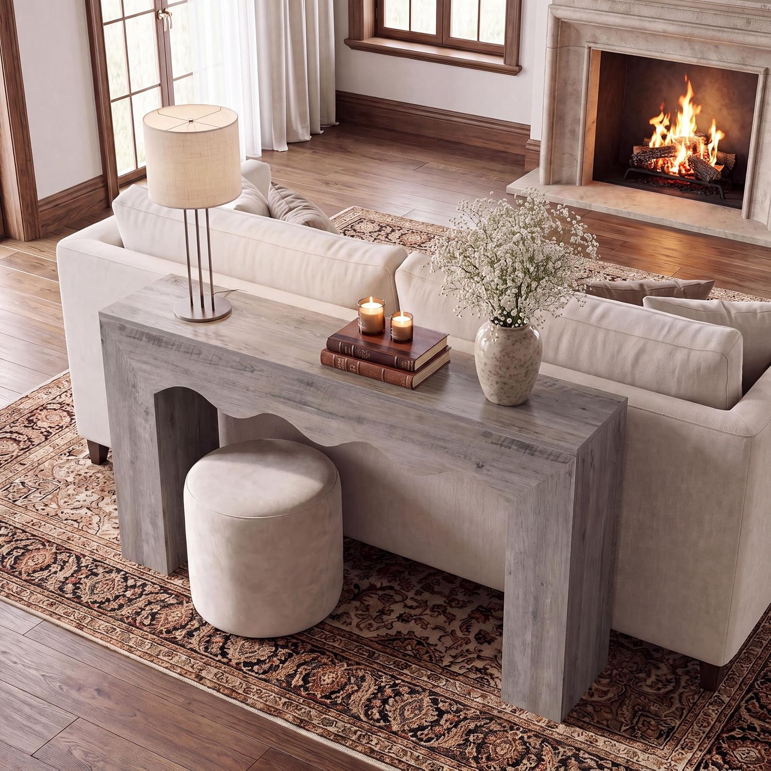 63" Farmhouse Console Table, Wooden Texture Entryway Table with Wave Design, Sturdy Sofa Table Behind Couch, 300LB Capacity Hallway Table for Living Room, Gray