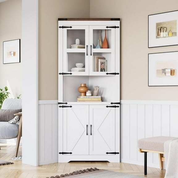 63" Farmhouse Corner Cabinet with Barn Doors, 4-Door Storage Cabinet with 5 Adjustable Shelves for Living Room Kitchen Bathroom, White