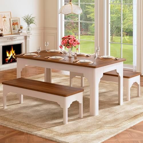 63" Farmhouse Dining Table Set for 4-6, Kitchen Table with 2 Benches, Space Saving 3-Piece Rectangle Wooden Dinette Table Set for Dining Room, Breakfast Nook, Small Space, Brown & White$$Furniture