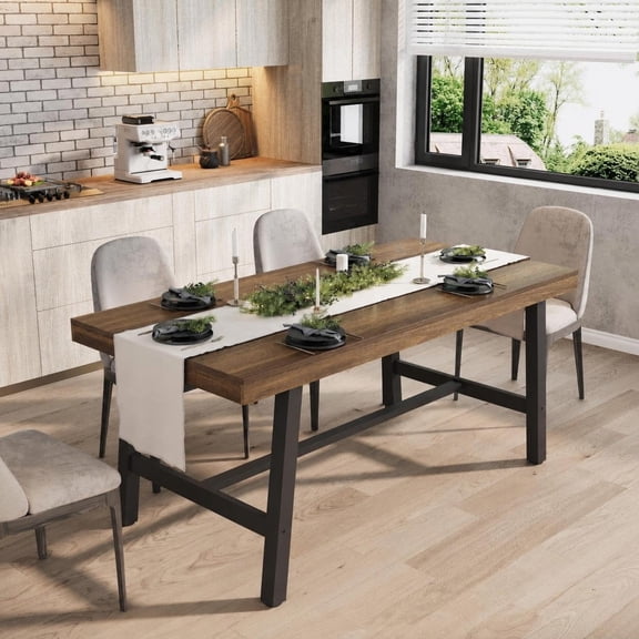 63" Farmhouse Dining Table for 4-6, Rectangular Wood Kitchen Table with Heavy-Duty Metal Frame, 350 lb Capacity for Dining Room,Brown