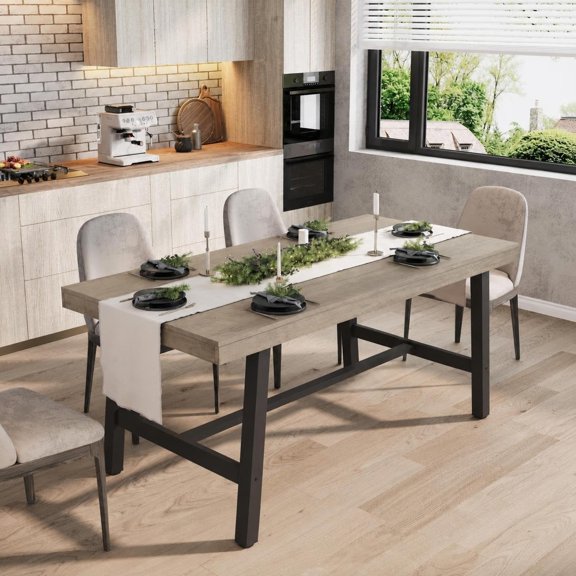 63" Farmhouse Dining Table for 4-6, Rectangular Wood Kitchen Table with Heavy-Duty Metal Frame, 350 lb Capacity for Dining Room,Gray