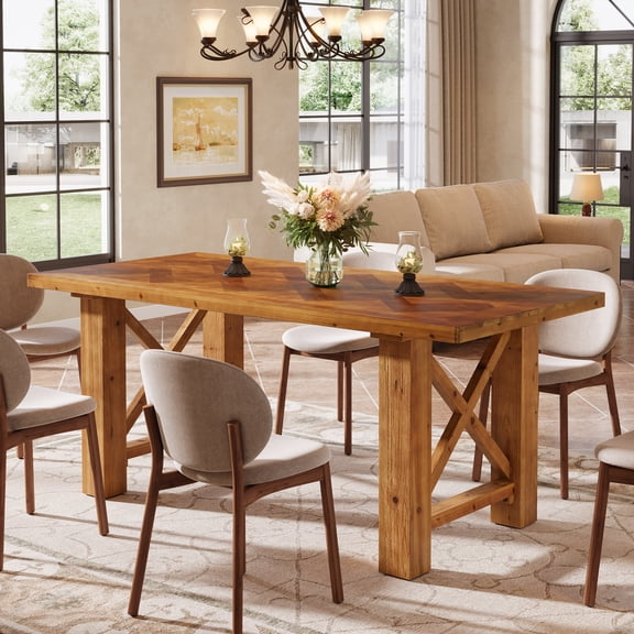 63" Farmhouse Dining Table for 46, Solid Fir Wood Kitchen Table with Herringbone Parquet Top and X-Shaped Legs, Brown