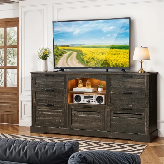 Farmhouse TV Stand with Charging Station, 4 Drawers, Flip Door Cabinet, 63" Tall Entertainment Center Console Table, Bedroom Dresser with LED Light