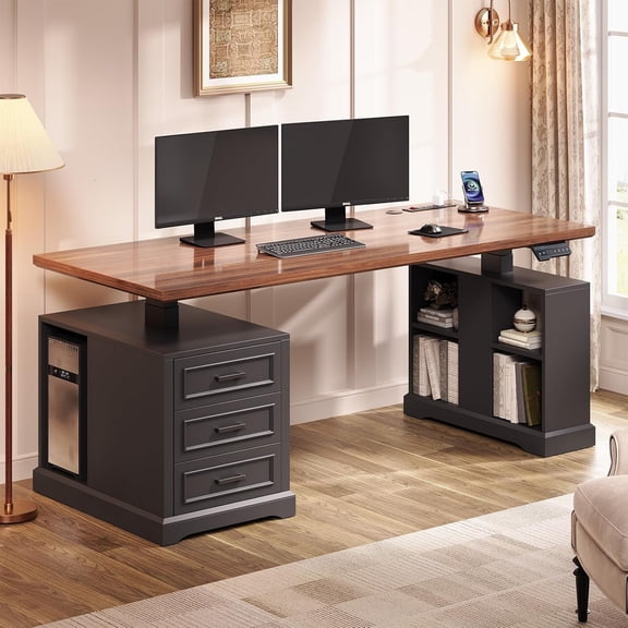 63" Farmhouse Electric Standing Desk with 3 Drawers and Storage Shelves, Height Adjustable Computer Desk for Home Office, Study Writing Table