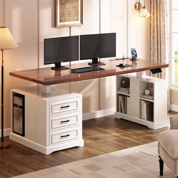 63" Farmhouse Electric Standing Desk with 3 Drawers and Storage Shelves, Height Adjustable Computer Desk for Home Office, Study Writing Table
