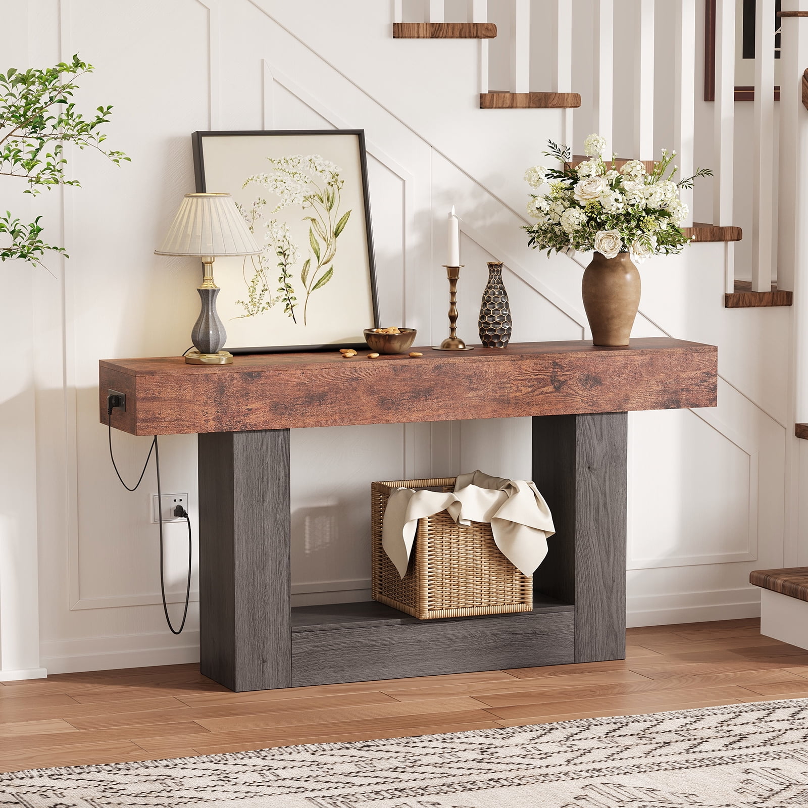 63" Farmhouse Entryway Table with Charging Station, Narrow Console Table with Storage Shelf Slim Sofa Table for Living Room, Brown and Gray