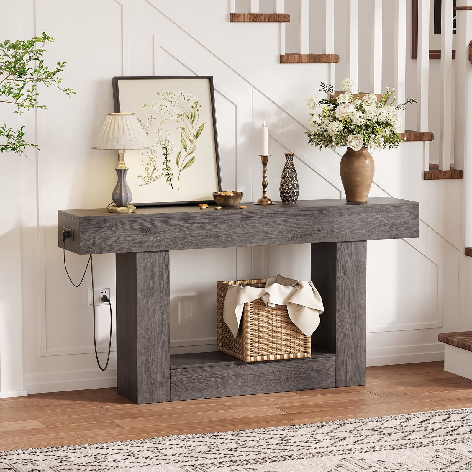 63" Farmhouse Entryway Table with Charging Station, Narrow Console Table with Storage Shelf Slim Sofa Table for Living Room, Gray