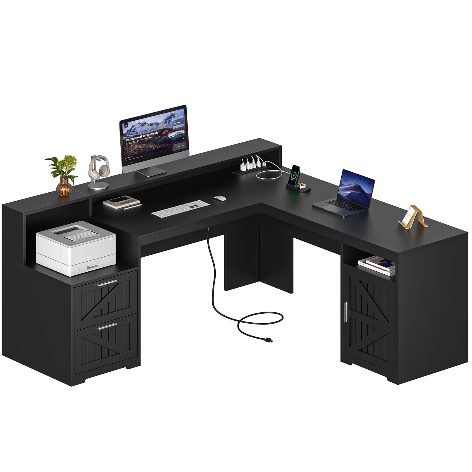 63" Farmhouse L Shaped Desk with Drawers & Storage Shelf, Corner Computer Desk with Power Outlets for Home Office, Executive Desk with Monitor Stand, Printer Shelf, Black