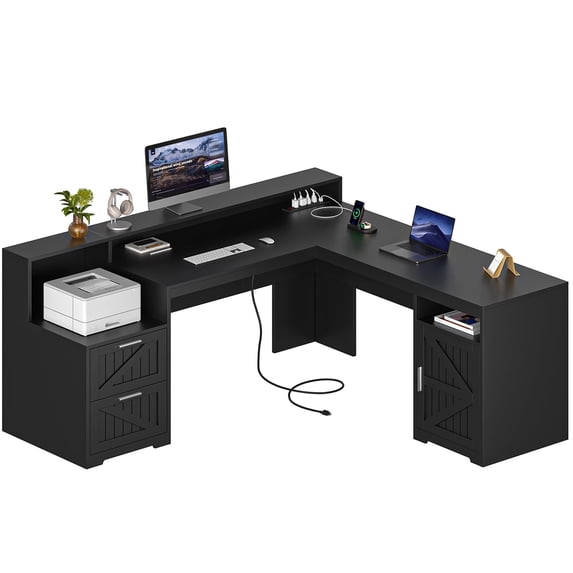 63" Farmhouse L Shaped Desk with Drawers & Storage Shelf, Corner Computer Desk with Power Outlets for Home Office, Executive Desk with Monitor Stand, Printer Shelf, Black