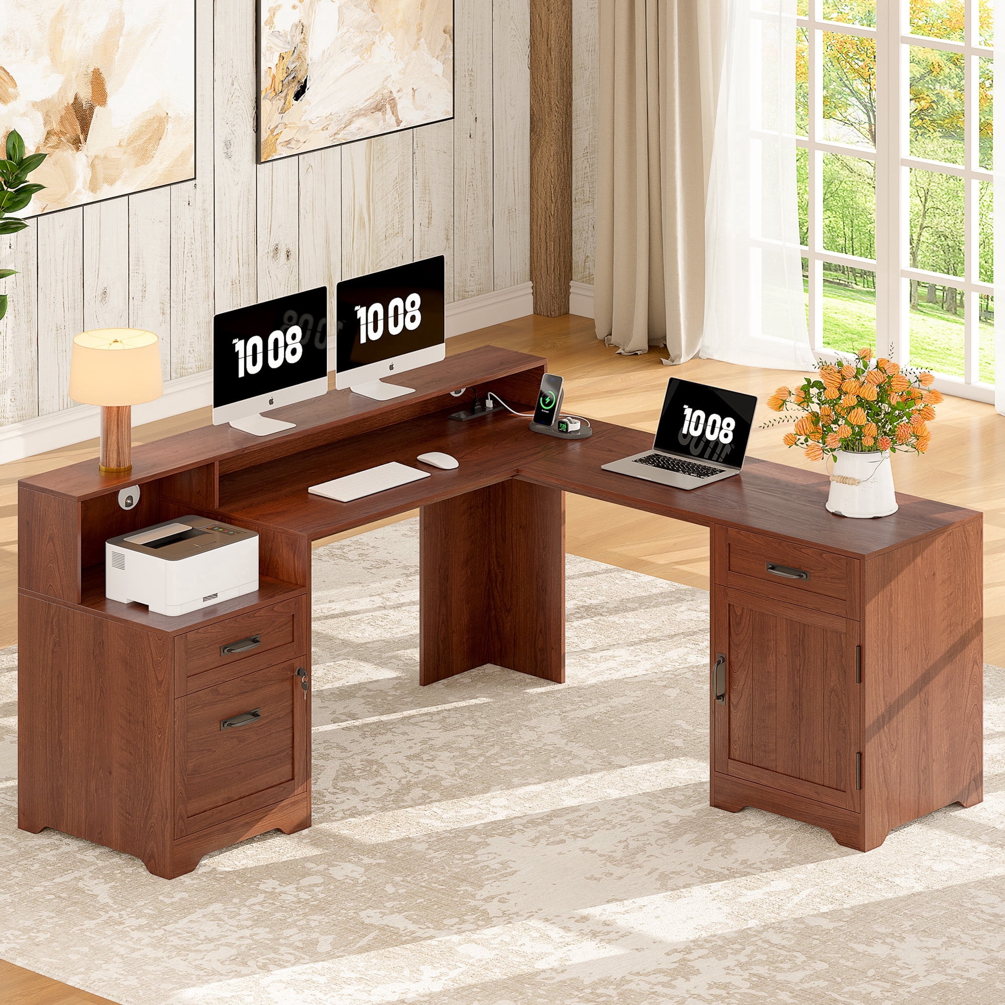 63'' Farmhouse L Shaped Desk with Drawers, Corner Computer Desk with Monitor Stand for Home Office, Cherry Brown