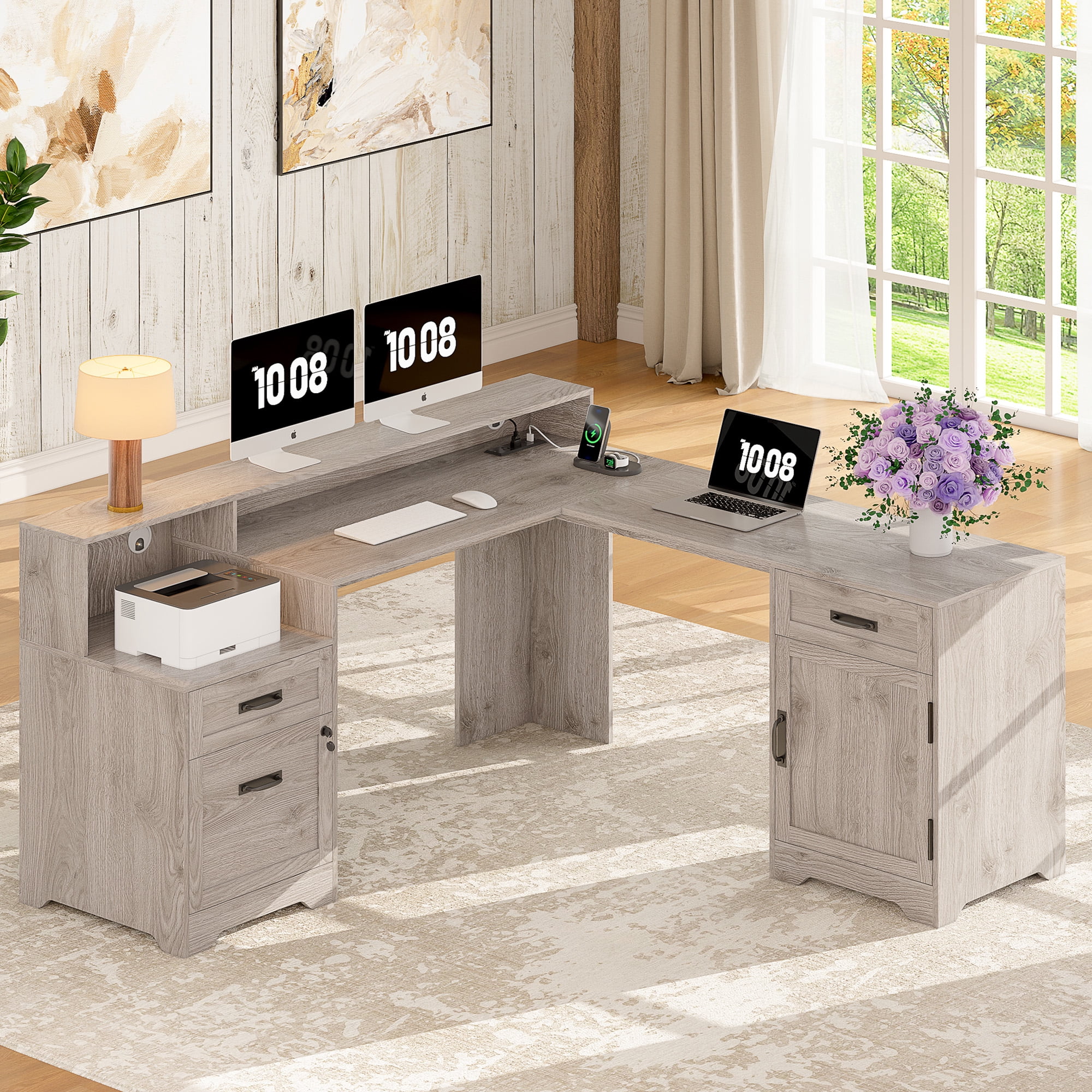 63'' Farmhouse L Shaped Desk with Drawers, Corner Computer Desk with Monitor Stand for Home Office, Light Gray Wash