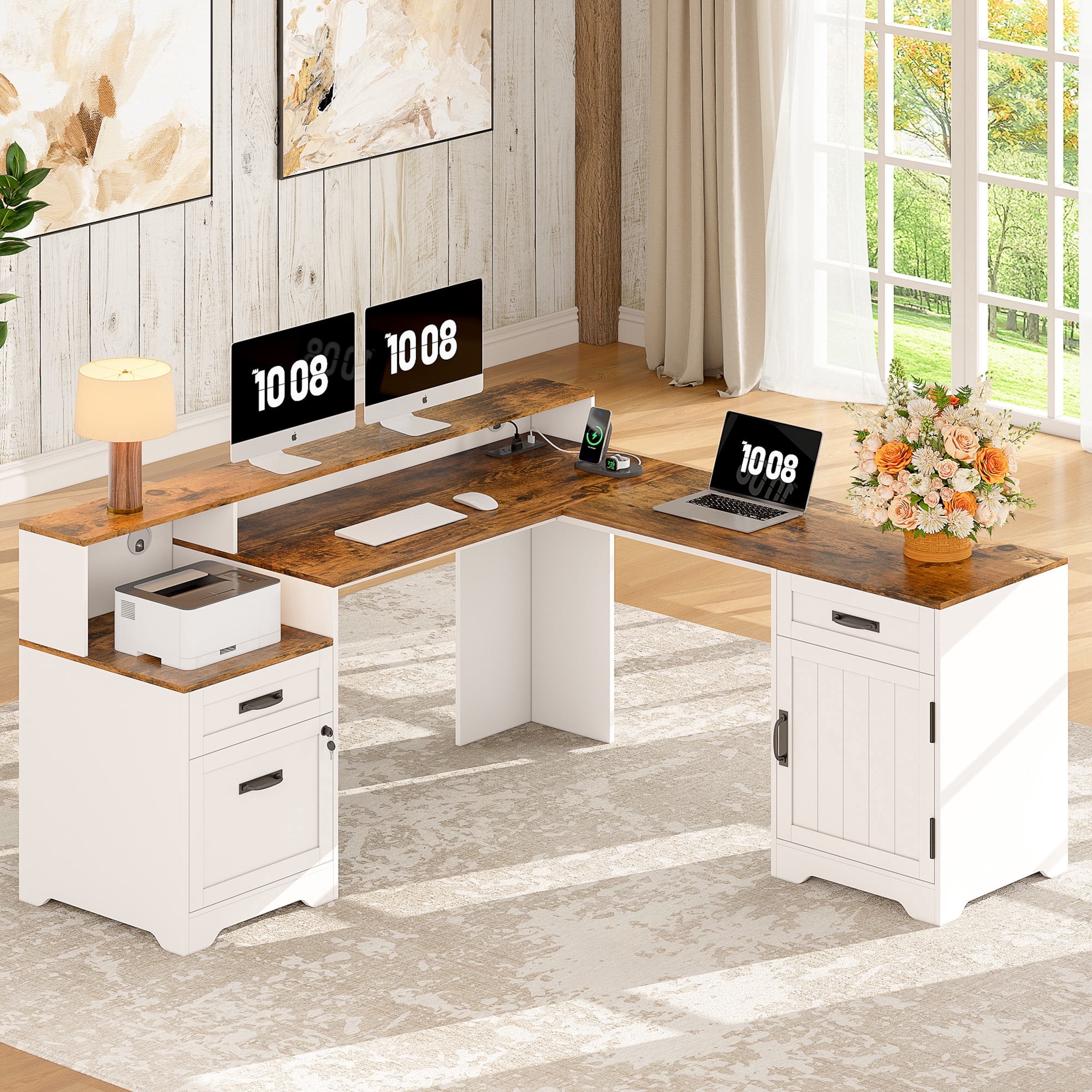 63'' Farmhouse L Shaped Desk with Drawers, Corner Computer Desk with Monitor Stand for Home Office, White